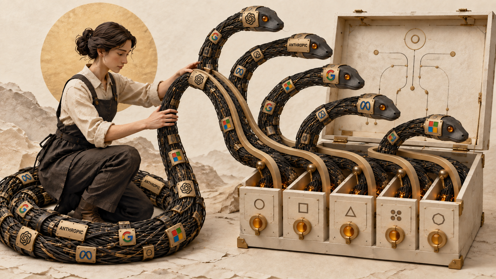 A woman supervises a cable-built hydra bearing AI provider logos, connected to five controls.