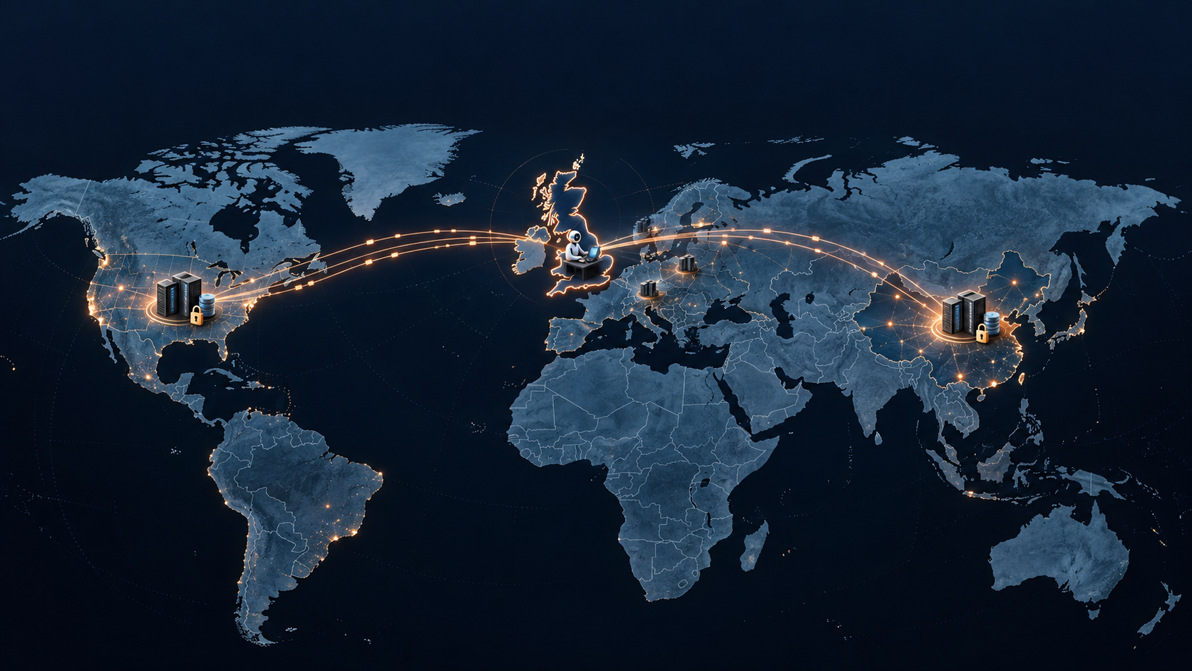 A map of the UK and network routes connecting an AI agent to overseas data centres, illustrating cross-border processing questions.