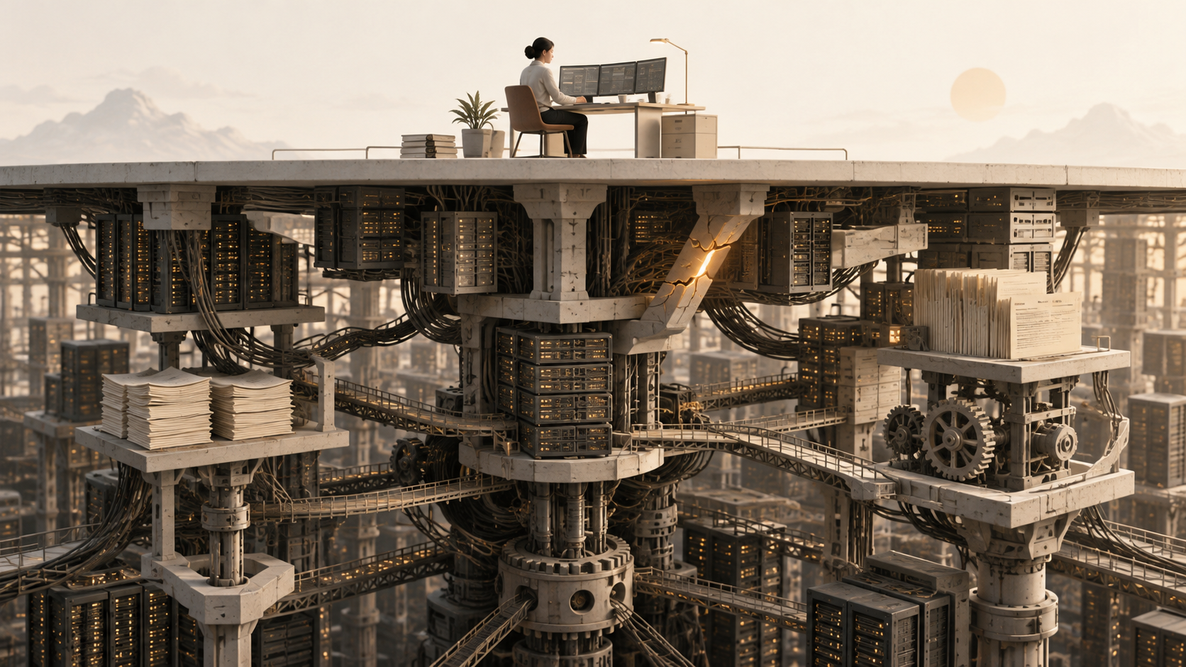 A woman works at a desk above a vast network of servers, cables, gears and paper records, with a cracked supporting pillar.