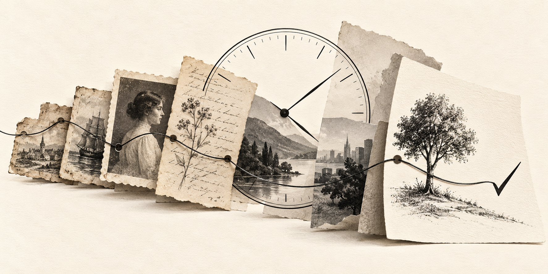 A thread links old photographs, letters and landscapes across a clock to a check mark.