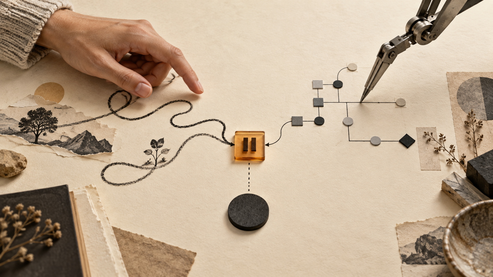 A human hand traces a winding path and a mechanical hand traces a decision tree; both meet at a pause button.
