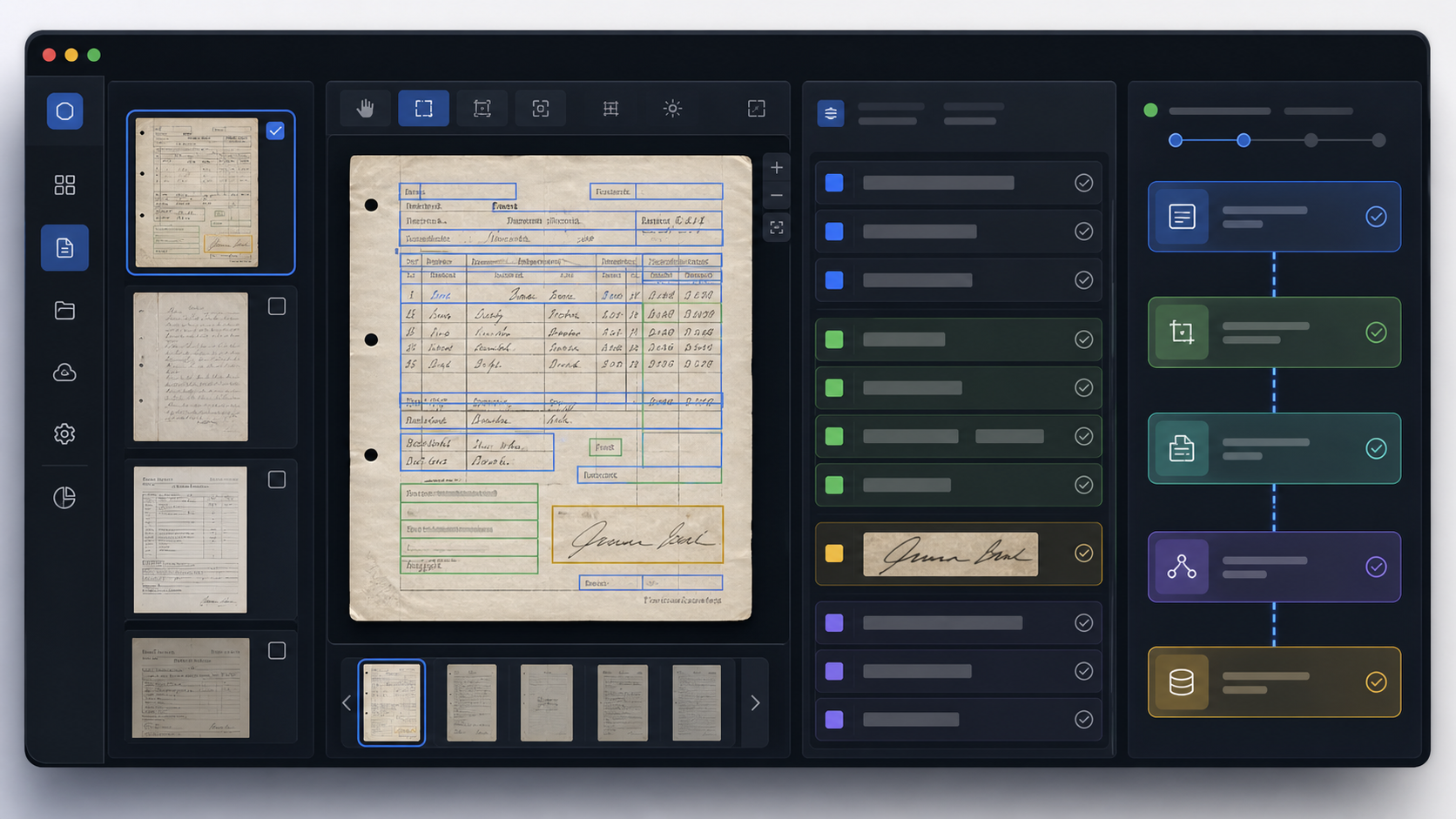 Document processing interface with OCR extraction boxes and archive automation controls