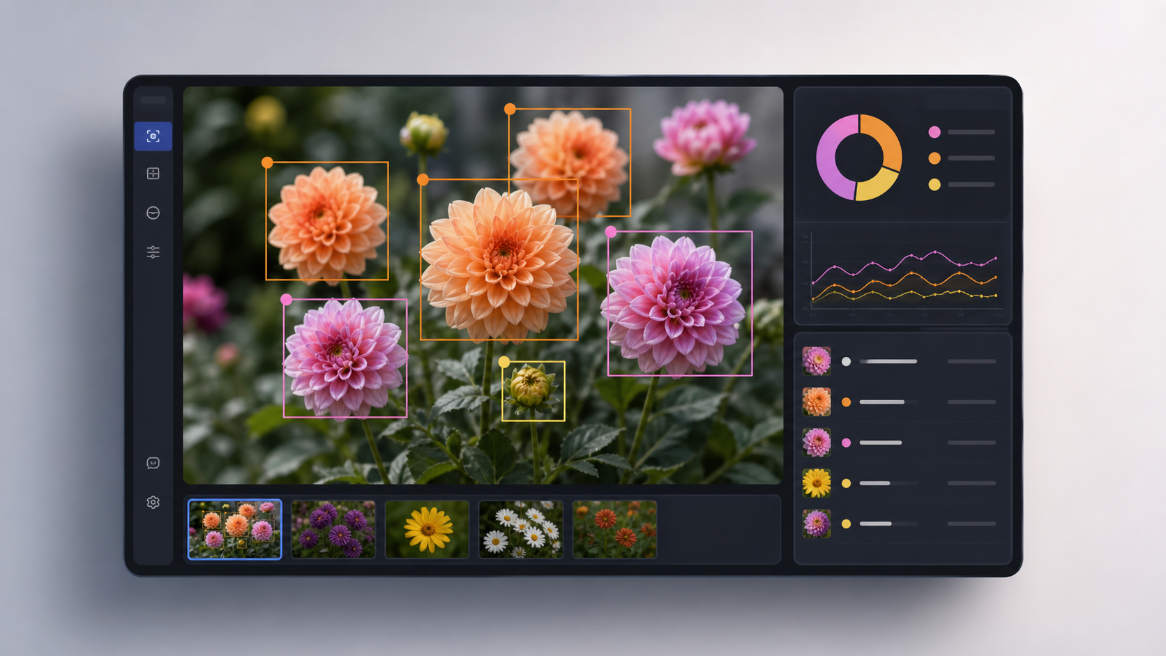 Computer vision interface detecting flowers with highlighted bounding boxes and analytics panels