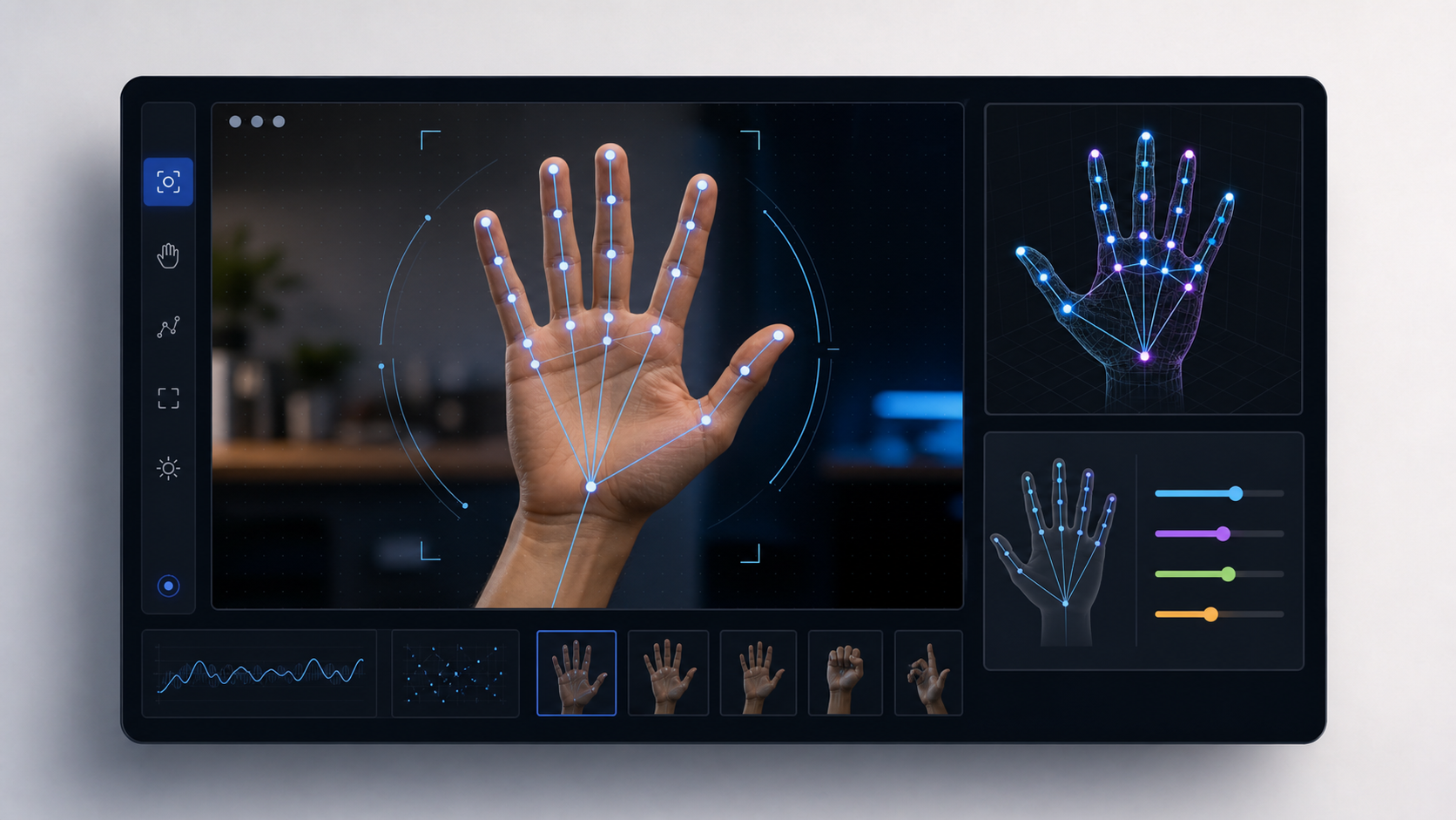 AI vision interface showing hand landmark tracking and a control dashboard