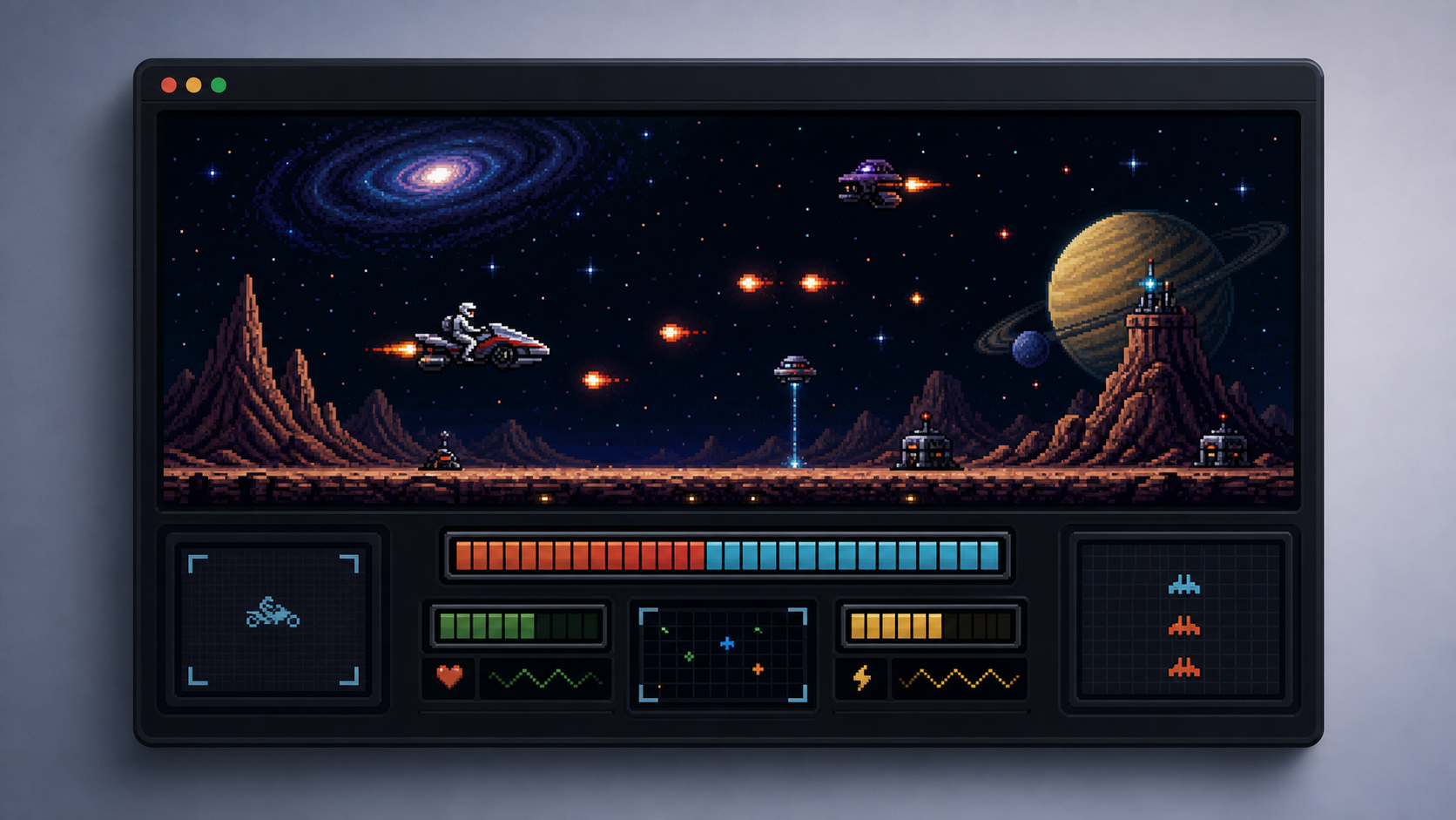 Retro game interface with a space bike simulator and pixel-art starfield