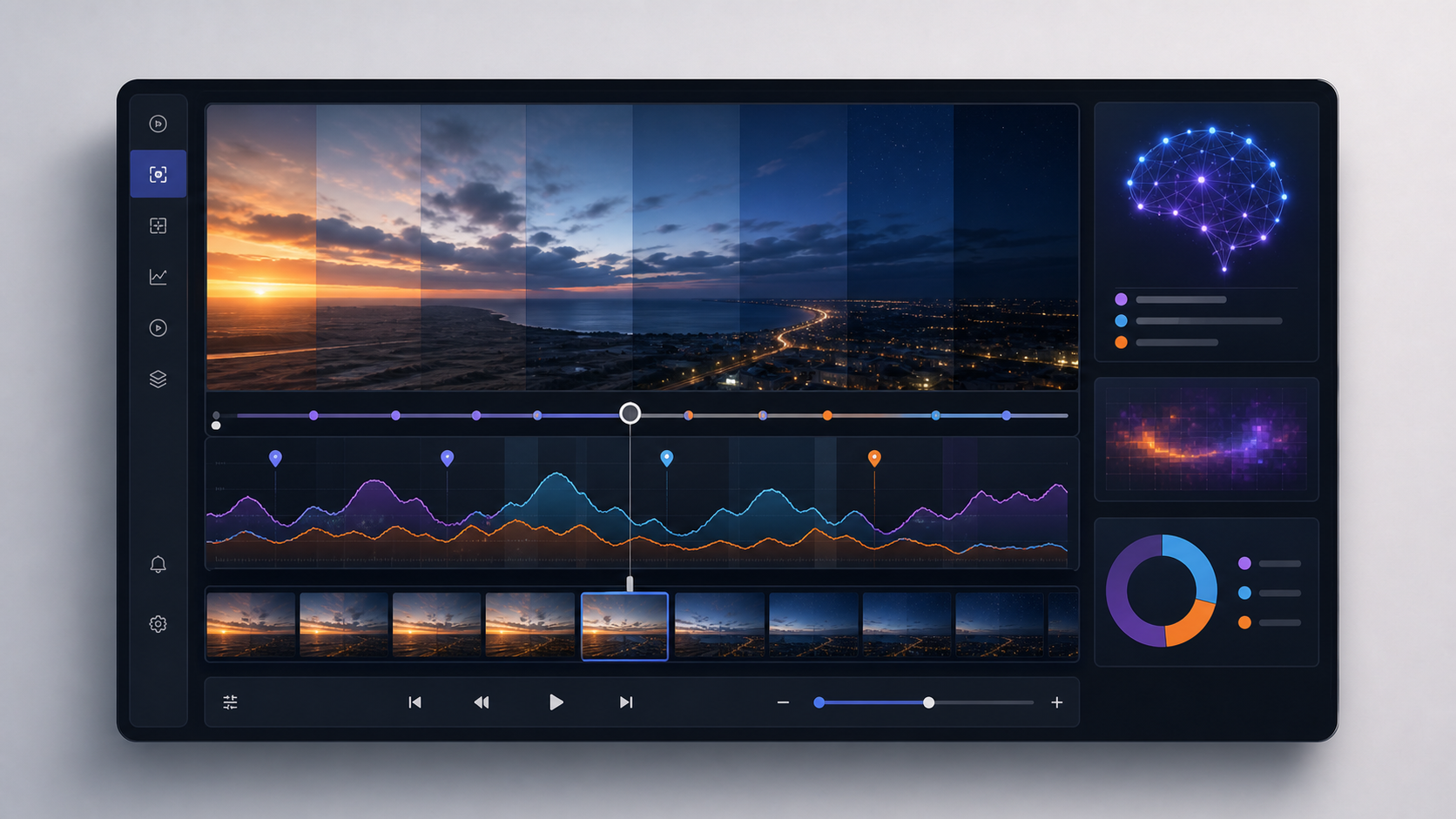 Analytics dashboard with timelines, event markers, and AI summary panels