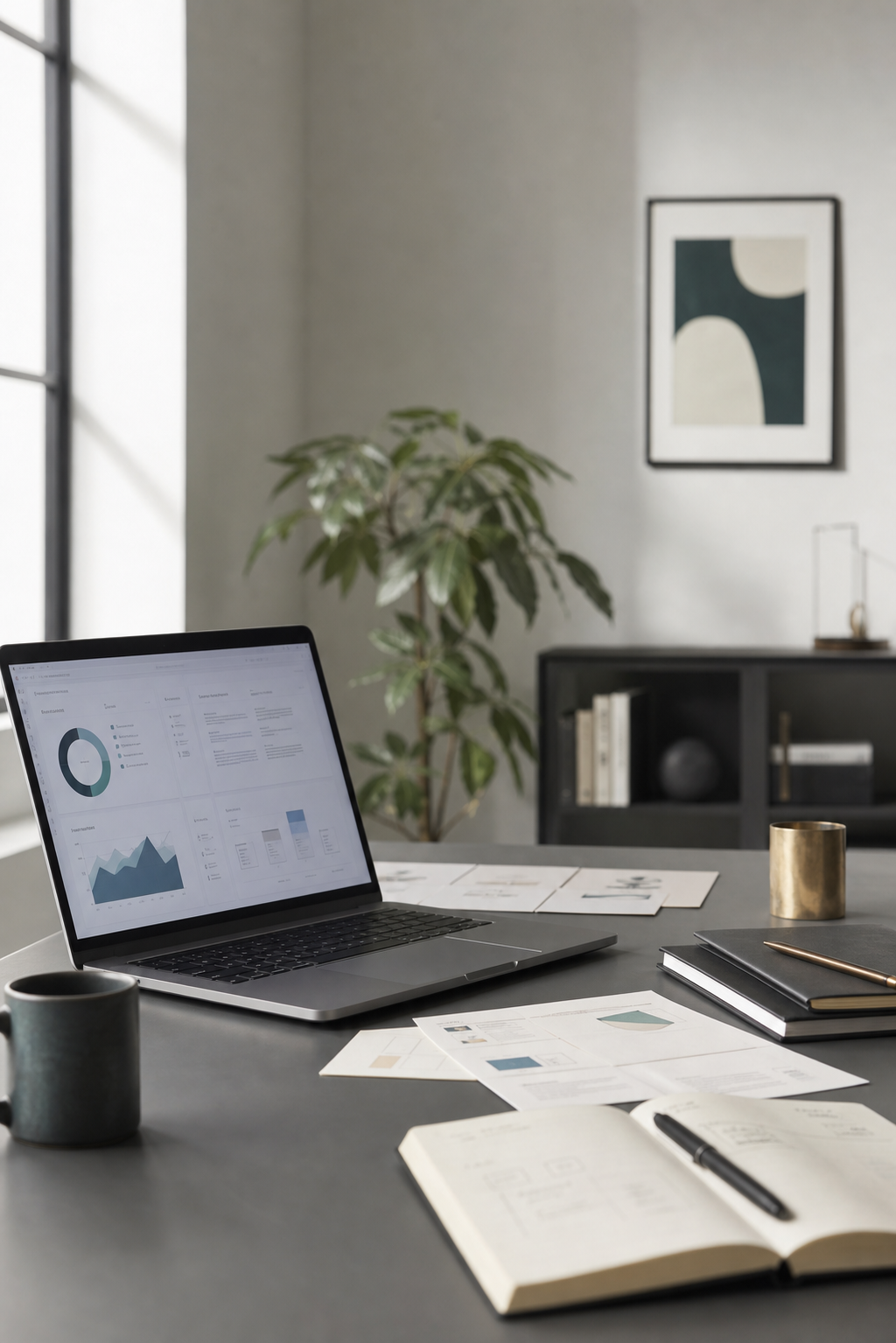 Modern workspace with an open laptop, strategy papers, notebook, and editorial styling