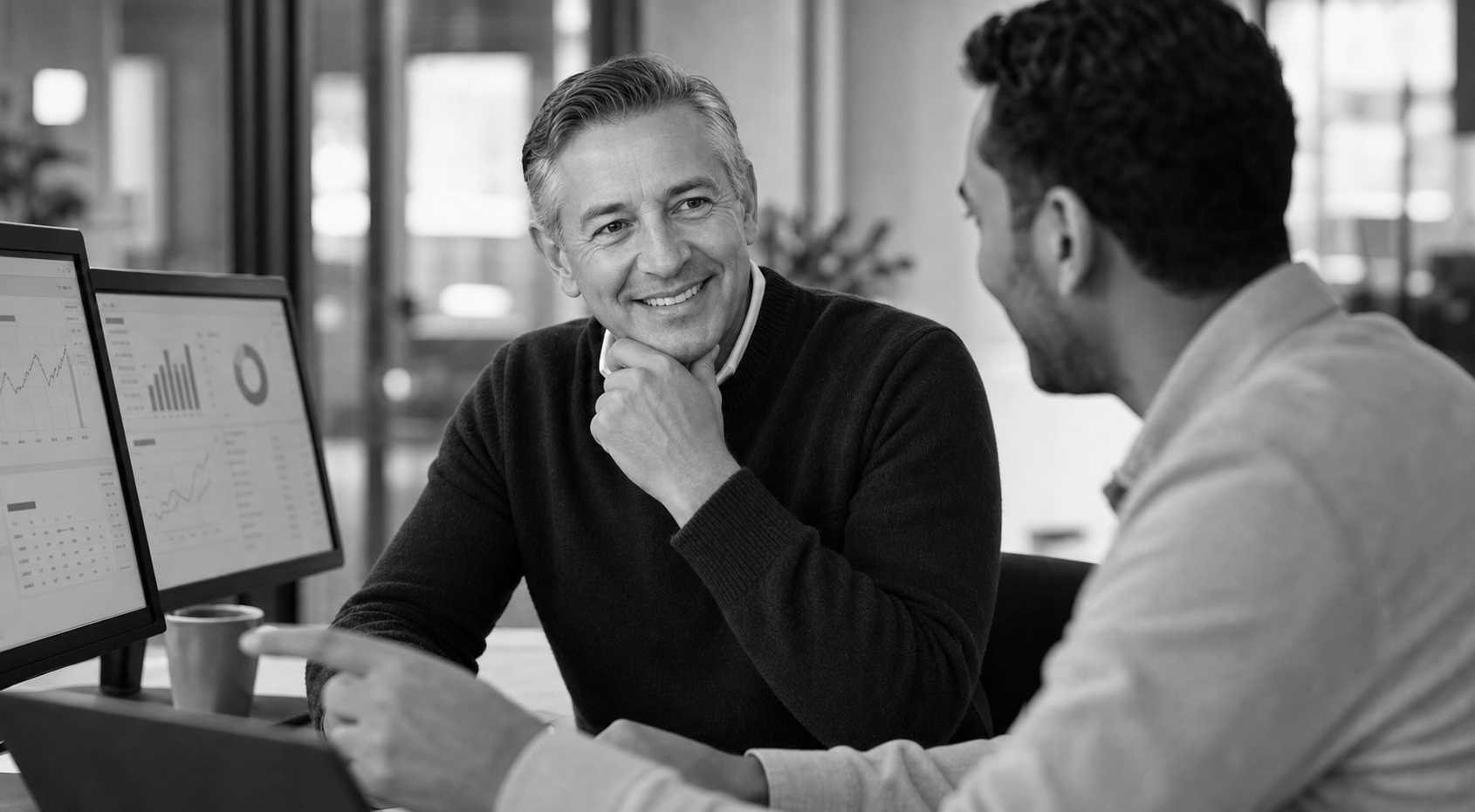 Lawrence Knowles reviewing HR software insight with a colleague